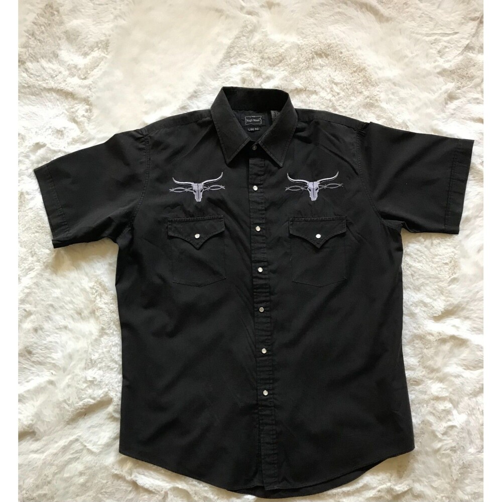 High Noon Western Shirt Mens Large Black Longhorn Embroidered Pearl Snap Cowboy